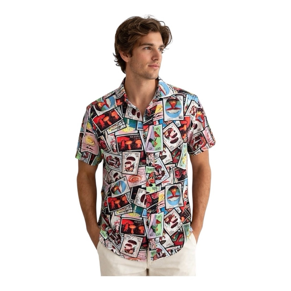 Surf Society Drill Clothing Co Mushroom Postage Stamps Button Up Shirt Medium